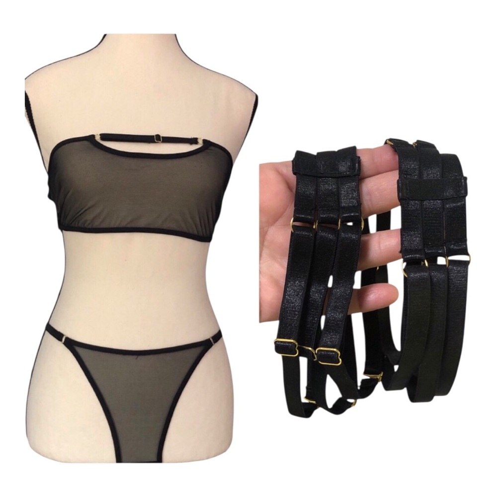 2 Harnesses, Sheer Bralette and Panty Set Black transparent